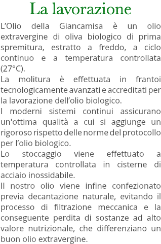 La lavorazione L’Olio della Giancamisa è un olio extravergine di oliva biologico di prima spremitura, estratto a freddo, a ciclo continuo e a temperatura controllata (27°C). La molitura è effettuata in frantoi tecnologicamente avanzati e accreditati per la lavorazione dell’olio biologico. I moderni sistemi continui assicurano un'ottima qualità a cui si aggiunge un rigoroso rispetto delle norme del protocollo per l’olio biologico. Lo stoccaggio viene effettuato a temperatura controllata in cisterne di acciaio inossidabile. Il nostro olio viene infine confezionato previa decantazione naturale, evitando il processo di filtrazione meccanica e la conseguente perdita di sostanze ad alto valore nutrizionale, che differenziano un buon olio extravergine. 